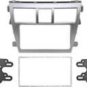 Silver Car Radio Fascia Panel for Toyota Vios Yaris Sedan Belta Radio Frame Radio Stereo Dash Installation Mount Trim Kit Face Plate Audio Panel DVD Navigation Panel Frame 2 Din