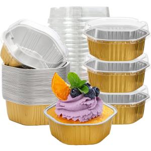 Frcctre 35 Pack 13 Oz Aluminum Foil Baking Cups with Lids, Disposable Hexagon Aluminum Foil Ramekins Cupcake Baking Pans Muffin Liners Cups Brownie Pudding Desserts Holders
