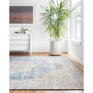 Loloi Layla Collection LAY-07 Blue/Tangerine 7'-6" x 9'-6" .13" Thick Area Rug, Soft, Durable, Vintage Inspired, Distressed, Low Pile, Non-Shedding, Easy Clean, Printed, Living Room Rug