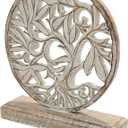 VANIYA CRAFTS Wooden Tree of Life Decor Hand-Carved Solid Wood Sculpture for Home, Living Room, Bedroom, or Office Display (Antique White Finish)