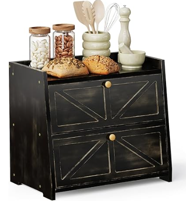 Vintage Double Layer Bread Box for Kitchen Counter Bamboo Bread Storage Container Large Capacity Bread Storage Bin (Antique Black)