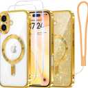 Meifigno Case Designed for iPhone 16 6.1 inch, [Compatible with MagSafe] [2X Screen Protectors] [Glitter Card & Wrist Strap] Surround Lens Protection Designed for iPhone 16 Case Girls, Gold