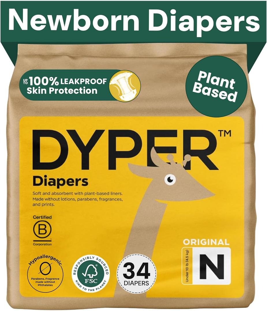 DYPER - Baby Diapers Hypoallergenic Cloth Alternative Day & Overnight Protection - Made with Plant-Based* & Skin-Friendly Ingredients - Size 0 (34 Count)