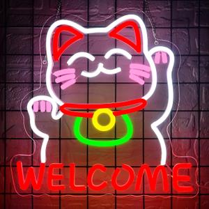 Welcome Cat Neon Sign for Wall Decor Dimmable Lucky Cat Business Neon Light Suitable for Man Cave Store Shop Bar Restaurant Commercial Street Birthday Gift Size13*13In(WZCP012) (Pink Yellow cat)