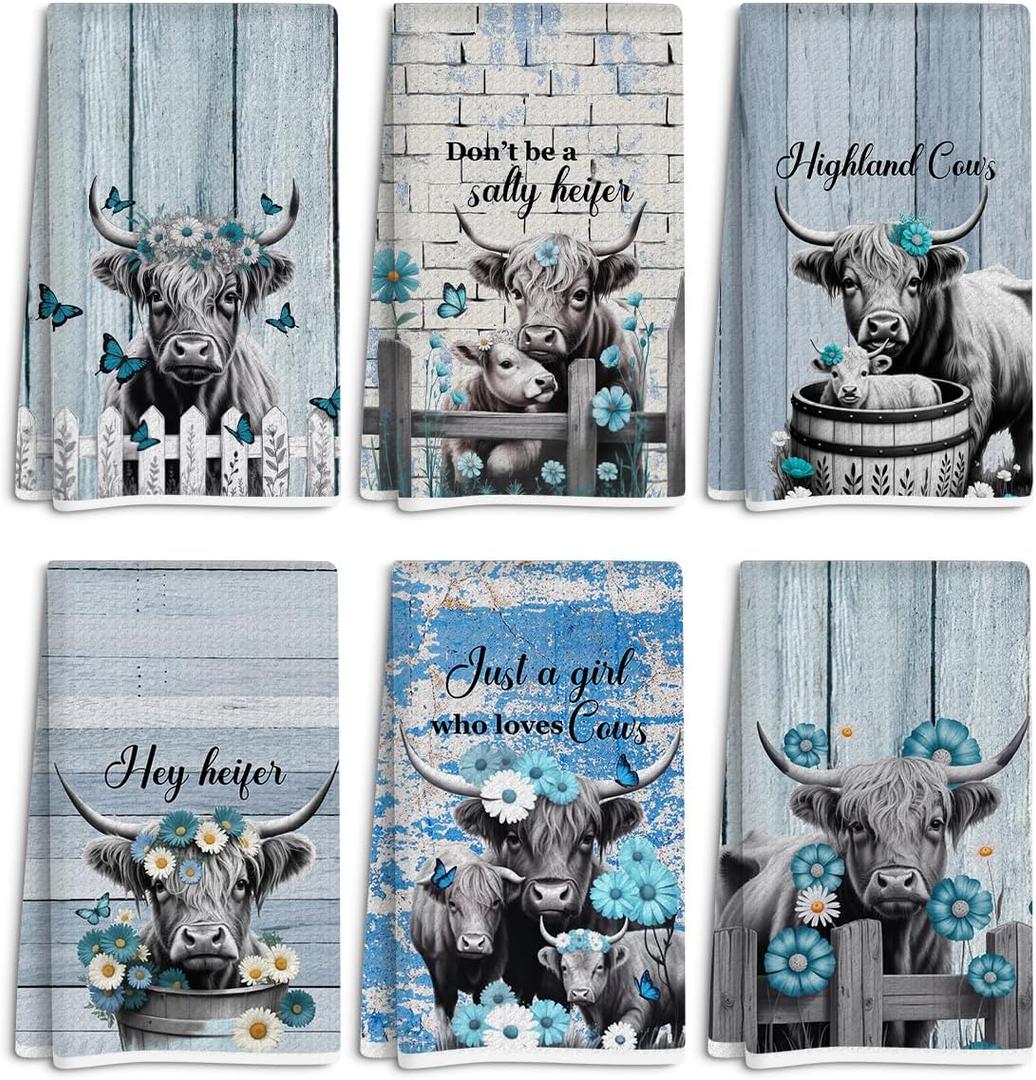 Set of 6 Highland Cattle Kitchen Towels, Highland Cow Themed Dish Towels, Absorbent Farm Cattle Watercolor Floral Tea Towel for Women Friend Sister Coworker Birthday Christmas