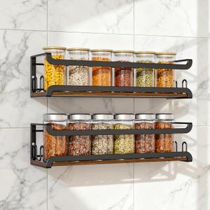 Doakhirmit Wall Mounted Spice Rack with 16 Hooks, Rustic Wood Spice Organizer Shelf for Stove Cabinet Pantry Door, Screw or Adhesive Hanging Spice Shelf, Wall Spice Rack in Kitchen and RV,2 Pack