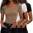 Ficerd 1 Pack Women's Cotton Square Neck Shirts, Short Sleeve Slim Fit Tops Summer Scoop Neck Casual Basic T-Shirts Tee(White L)