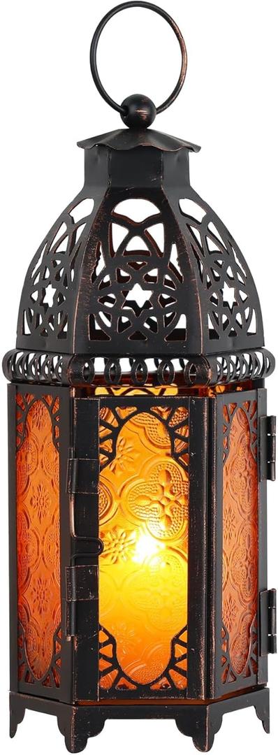 DECORKEY Moroccan Lanterns Decorative Indoor & Outdoor, 11 Medium Size Vintage Metal Hanging&Tabletop Candle Holder Decor, Halloween Christmas Ramadan Decorations for Home Porch Patio (Amber)
