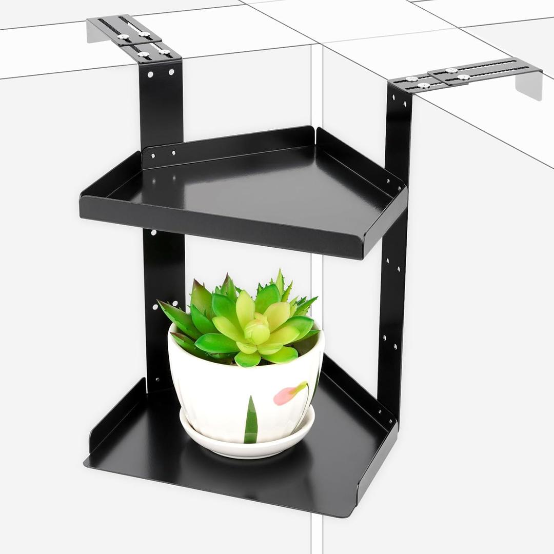 Olpchee Office Cubicle Shelf Storage Organizer Accessories Height Adjustable Cubicle Corner Shelf with Hooks (Black, Double Layer)