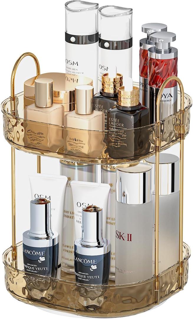 COMVTUPY 360° Rotating Makeup Organizer - Large Capacity Makeup Skincare Perfume Organizer Bathroom Organizer for Countertop Amber 2 Tier