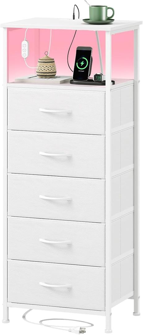 Somdot White Nightstand with Charging Station and LED Light for Bedroom, Tall 5 Drawers Dresser with Fabric Bins for Bedside Kids Dorm Room Closet Laundry Entryway, White Leather, 11.8"D x 15.7"W x 39.8"H