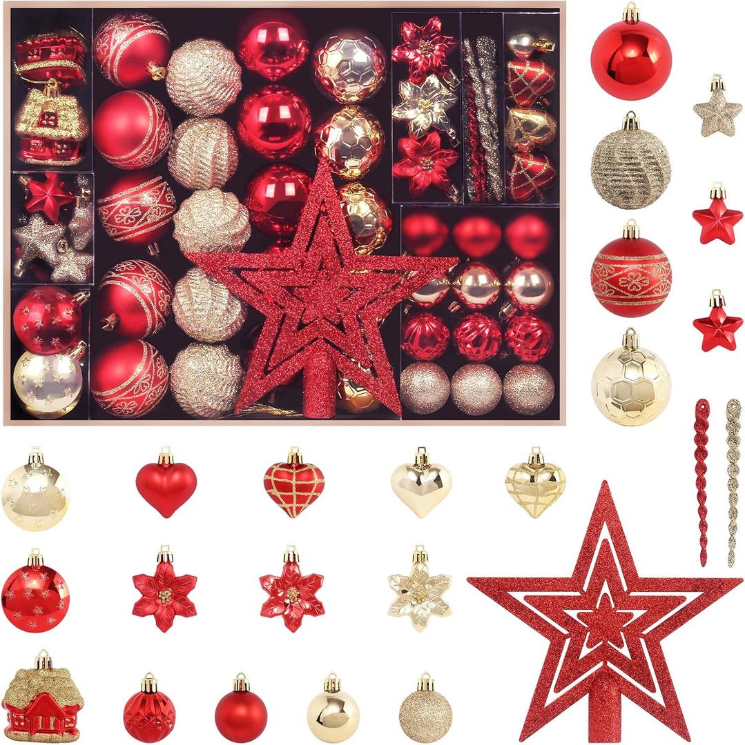 Christmas Ball Ornament Set, 88Pcs Plastic Shatterproof Christmas Xmas Tree Hanging Decorations, for Indoor Home Thanksgiving Halloween Party Decor. (Gold/Red)