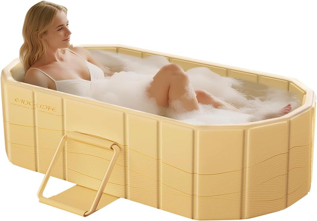 Portable Foldable Bathtub, Freestanding Bathtub No Installation, Bathroom SPA Soaking Bath Tub, Shower Stall Collapsible Hot & Ice Bath for Indoor Outdoor (Beige, 47.2"L x 21.6"W x 19.6"H)