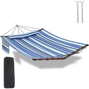 TegerDeger 12FT 2 Person Hammock Large Hammock 450LB Capacity with V Shaped Hardwood Spreader Bar & Nylon Rope for Outside, Patio, Garden, Backyard, Beach, Poolside - Blue Stripes