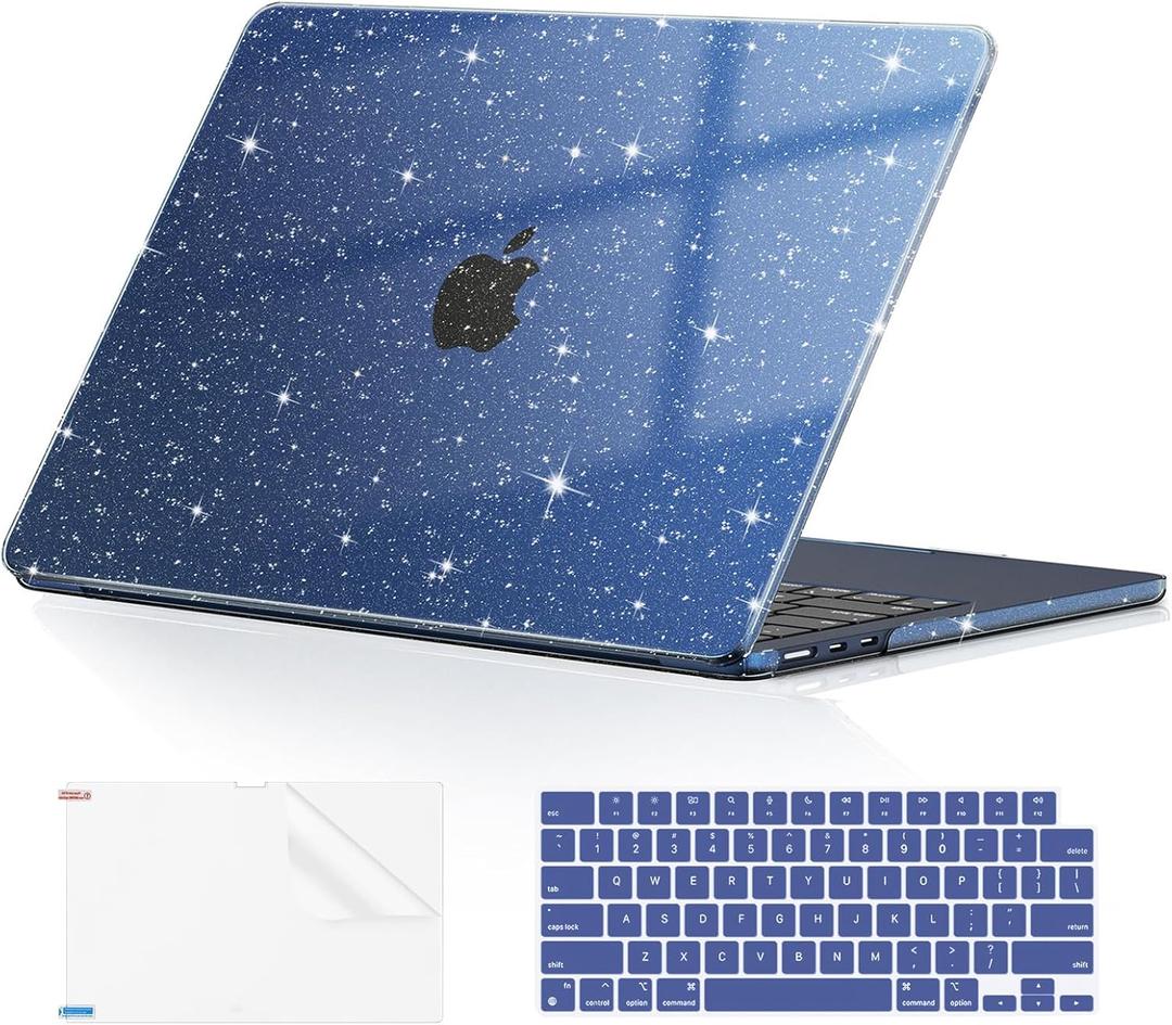 EooCoo Case Compatible with MacBook Air 13 inch M5 2026-2022 Release M4 M3 M2 A3449 A3240 A3113 A2681, Glitter Hard Shell&Keyboard Skin Cover&Screen Protector for Mac Air 13.6 inch, Sparkly Midnight