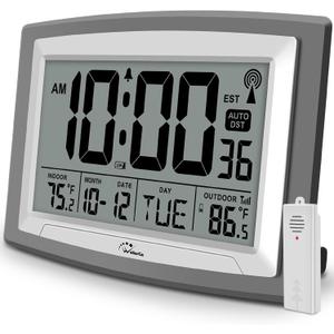 WallarGe Atomic Clock with Outdoor and Indoor Temperature - 12.5 Inch Self-Setting Digital Clock Large Display, Battery Operated Wall Clocks or Desk Clocks for Bedroom, Livingroom, Office, Gray