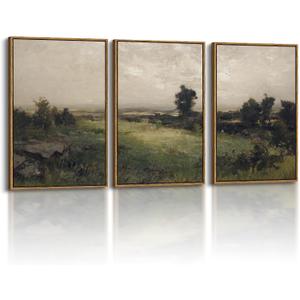 InSimSea Oversized Vintage Landscape Art for Living Room Bedroom,3Pcs, Extra Large French Country Paintings Wall Decor for Home, Rustic Farmhouse Field Framed Canvas Prints Picture,16x24in, 16"x24"x3