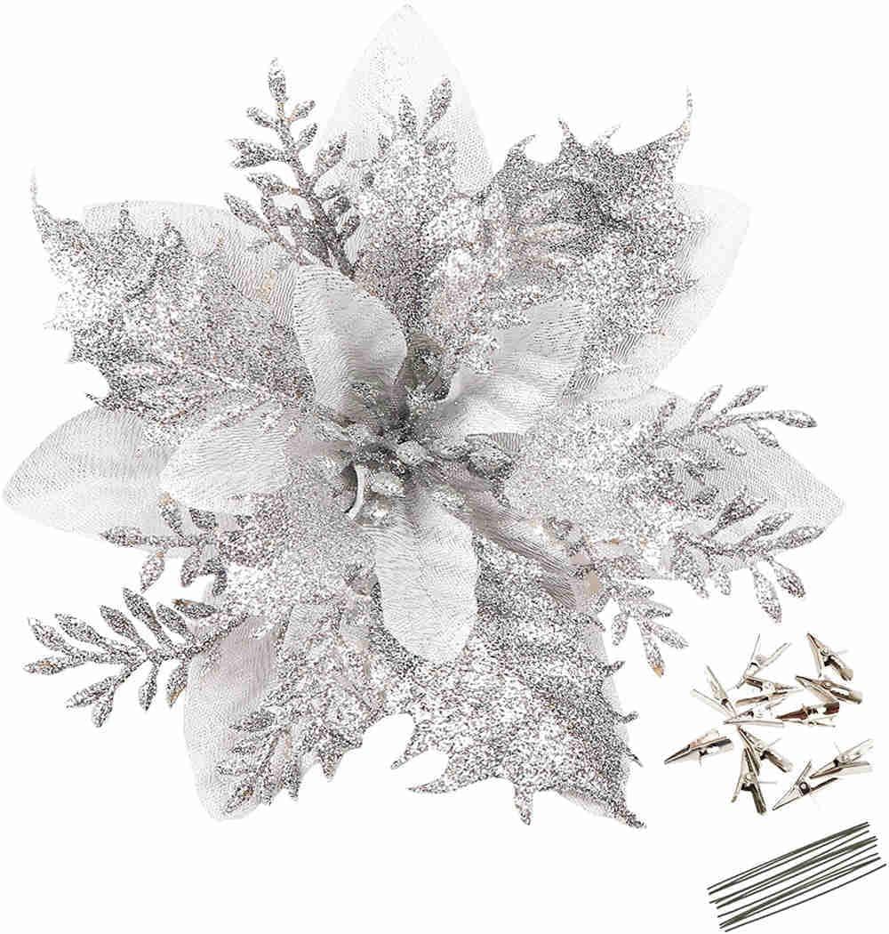 GREENTIME 12 Pcs Glitter Poinsettia 5.5" Artificial Flowers Christmas with Clips Stems Xmas Tree Ornaments for New Year Party Stairs Fireplace Porch Balcony Garden Church Wreath Decoration (Silver)