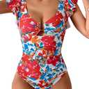 Eomenie Womens Ruffled One Piece Swimsuit Slimming Tummy Control Bathing Suit V-Neck Cutout Swimwear for Resort Wear, Medium