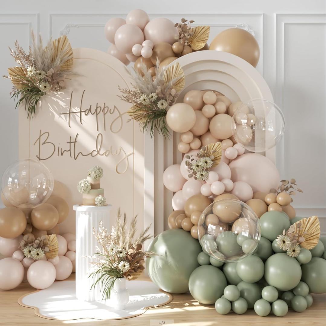 Sage Green Balloon Arch Kit 126Pcs Neutral Balloon Garland Arch Kit Include Dusty Green Sand White Tan Nude Clear Balloons for Wedding Boho Baby Shower Gender Reveal Birthday Party Decorations