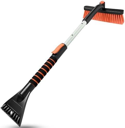 SEAAES Ice Scraper with Snow Brush, Snow Removal for Car Windshield | Extendable Snow Brush, Foam Grip, No-Scratch Bristles, Snow Scraper for Truck, SUV, Vehicle Windows (Orange), Pack Of 2