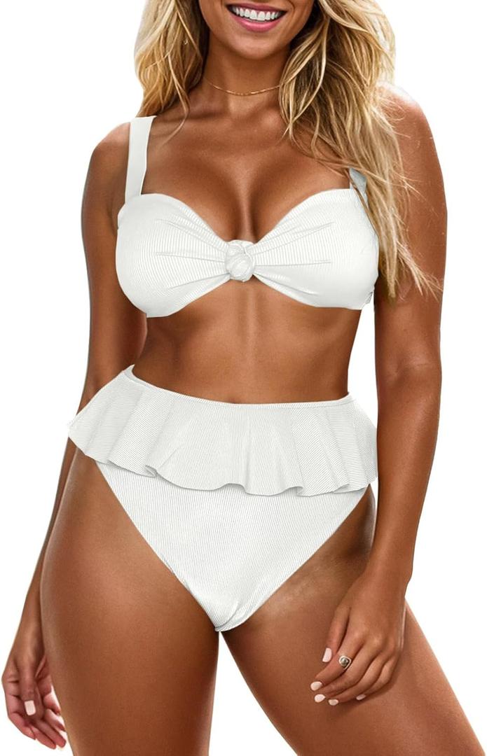 Saodimallsu Womens 2 Piece High Waisted Swimsuit Ruffle Bikini Sets Twist Knot Ribbed Bathing Suits (Medium, White)