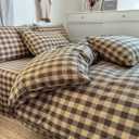 PinkMemory Brown Gingham Duvet Cover Bedding Set Queen 100% Washed Cotton Beige Plaid Checkered Duvet Cover Full 3pcs Vintage Coffee Grid Gingham Bedding with Zipper Closure Ultra Soft Breathable
