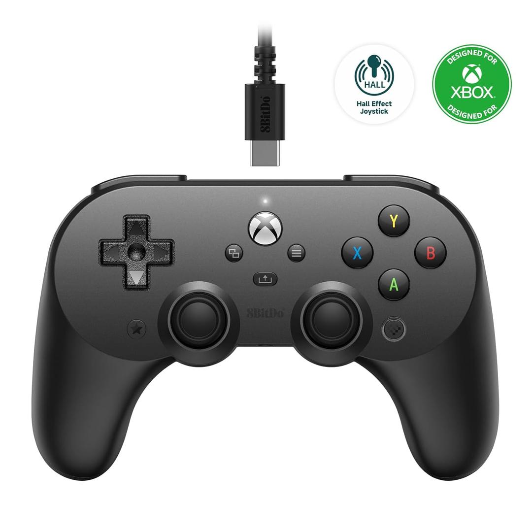 8Bitdo Pro 2 Wired Controller for Xbox, Hall Effect Joysticks and Hall Triggers, 3.5mm Audio Jack, Compatible with Xbox Series X|S, Xbox One, Windows 10/11 - Officially Licensed (Black)