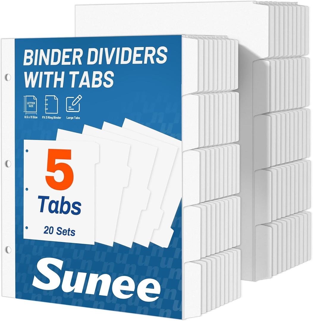 SUNEE Binder Dividers with Tabs for 3 Ring Binder, 8.5 x 11 Paper White Binder Dividers Blank with 5 Tabs, 20 Sets Page Dividers for School, Office and Home, 100 Dividers