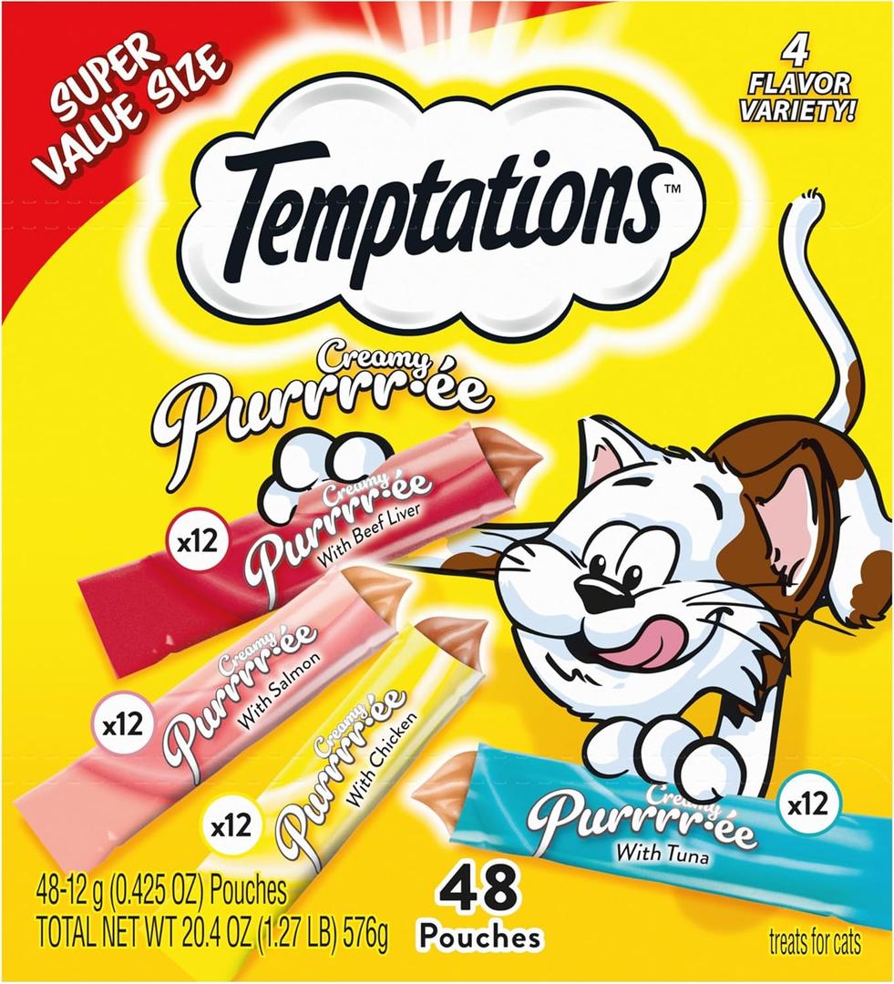 Temptations Creamy Puree Squeezable Lickable Cat Treats, Wet Cat Treats with Beef, Salmon, Chicken, and Tuna Variety Pack, 0.42 oz. Tubes, 48 Count