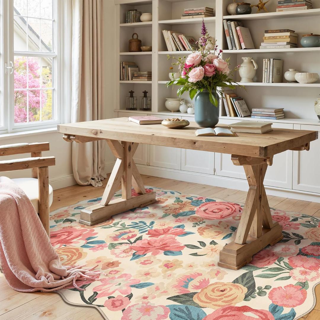 PureCozy Washable Floral Area Rug 4x6 Beige Office Carpet Scalloped Flower Non Slip Soft Living Room Rug Farmhouse Low Pile Thin Indoor Floor Cover for Bathroom Bedroom Kitchen Laundry Dining Room