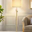 Modern Floor Lamp for Living Room, Adjustable Height Standing Lamp with Marble Base, Gold Tall Pole Light with Linen Shade for Reading Bedroom, Chain Switch, 8W 3-Way Dimmable Bulb Included