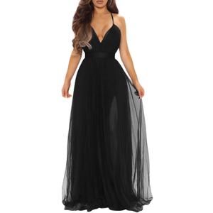 XXTAXN Women's Sexy Deep V Neck Split Cocktail Party Formal Bridesmaid Maxi Dress (Large, Black)