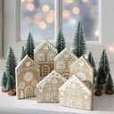 18 Pcs Christmas Village Decoration Set Include 6 Wooden Gingerbread House Sign and 12 Mini Christmas Tree for Mantel Block Farmhouse Tabletop Holiday Xmas Home Room Decor Ornaments