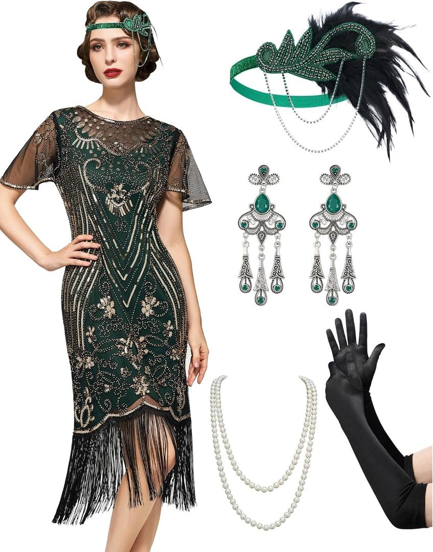 SWEETV Great Gatsby Lace Neck Flapper Dress - 1920s Dress for Women With Sleeve - Roaring 20s Costume (XXL, Green)