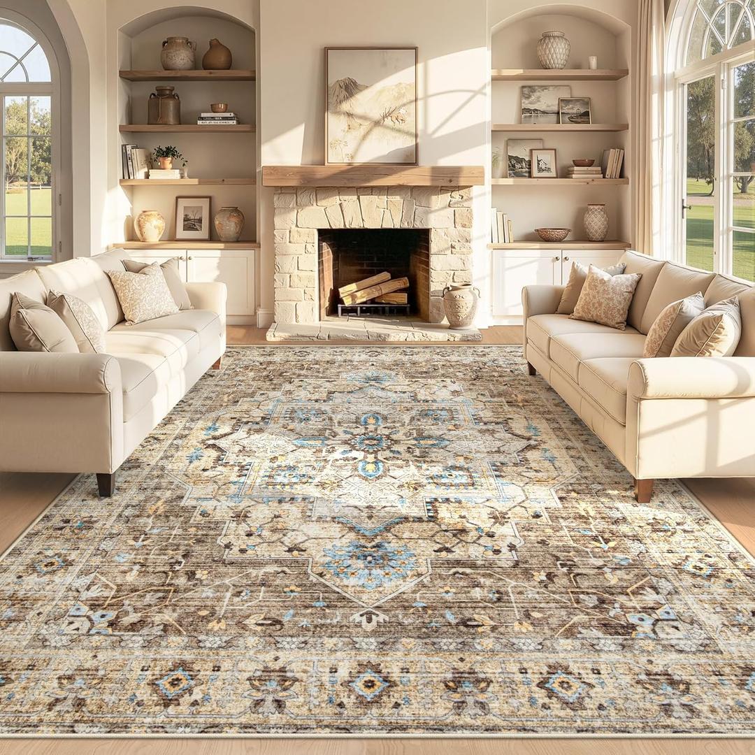 Area Rug 8x10 Vintage Rug: Large Washable Indoor Medallion Rugs Low Pile Distressed Floor Carpet Retro Accent Rug for Living Room Bedroom Kitchen Dining Table Home Office(Brown/Blue, 8'x10')