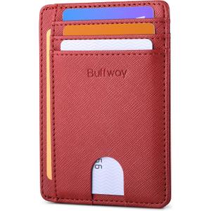 Buffway Slim Minimalist Front Pocket RFID Blocking Leather Wallets for Men and Women - Cross Red