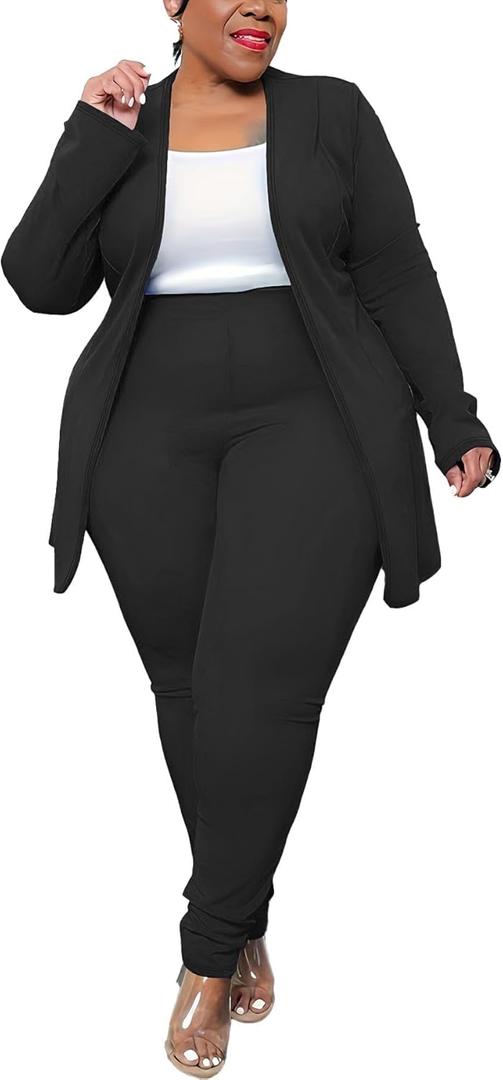 Women's Plus Size 2 Piece Outfits Open Front Blazer and High Waisted Long Pant Suit Set Business Loungewear (3X-Large, Black)