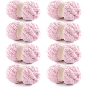 8 Pack Chunky Chenille Yarn for Hand Knitting and Crocheting - Jumbo Fluffy Blanket Yarn - Super Bulky 28.4 Yds 7.7 Oz Each Skein (Light Pink)