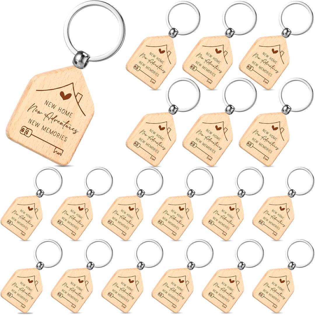 Roowest 50 Pcs Welcome Home Keychain In Bulk Wood New Home Keychain Gifts Homeowner Engraved Wooden Key Tag Small House Shaped Keychains for Family Client Buyer Customer