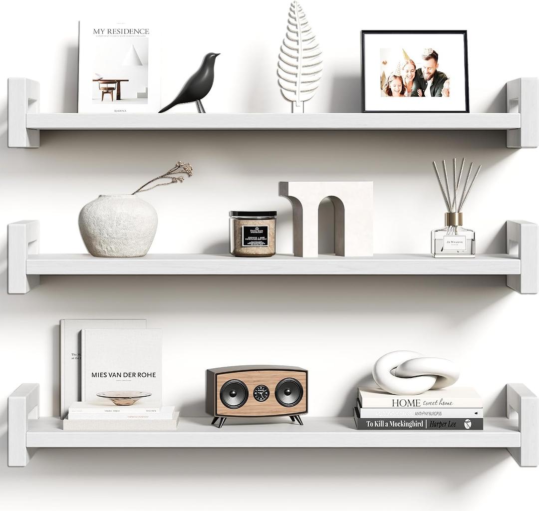 Vailando Floating Shelves for Wall, Set of 3 Solid Wood Wall Mounted Shelves, 23.6" White Display Shelf for Bedroom, Living Room, Bathroom, and Kitchen Decor - Heavy-Duty & Natural Pine