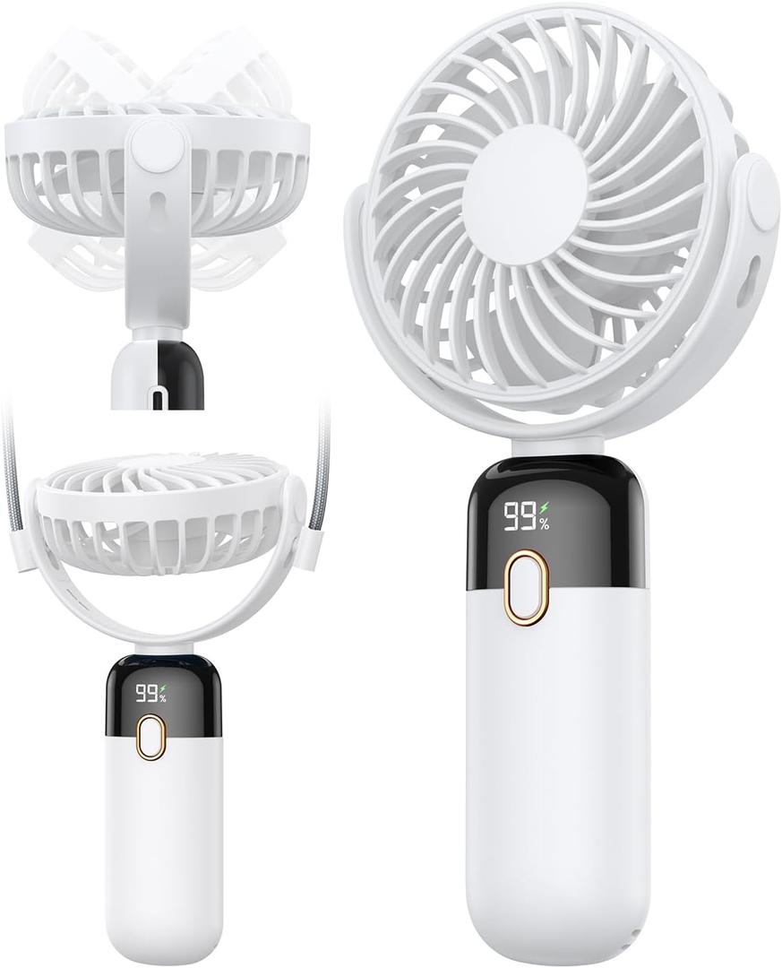 TOPK Portable Handheld Fan, 5000mAh Battery Operated Fan With LED Display, Handheld/Neck/Desk 3 in 1 Personal Mini Desk Fan, 360 Rotatable 4 Speed Small Fan for Makeup, Home, Office, Travel, Outdoor