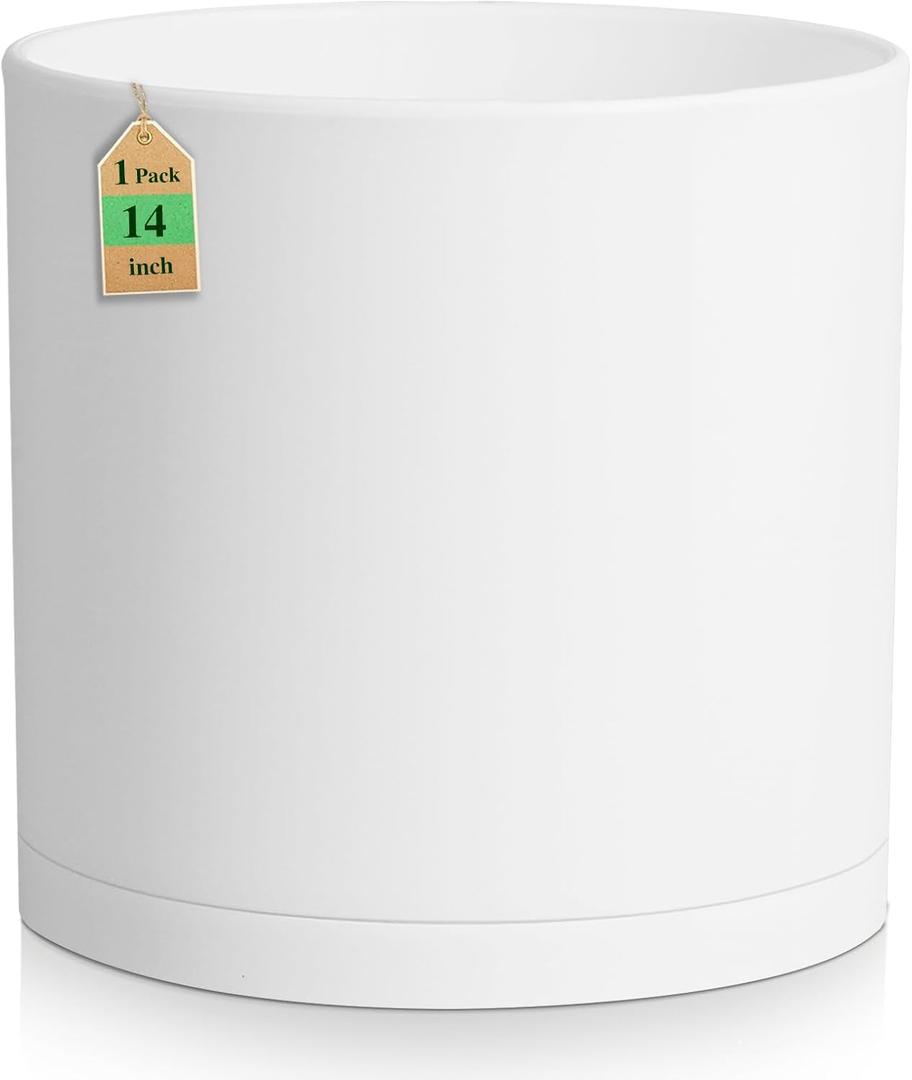 14 Inch Heavy-Duty Cylinder Deep Planter for Indoor Outdoor Plants, Tall Large Plastic Plant Pot with Drainage Holes and Saucer, Decorative Flower Pot for Patio Garden, White