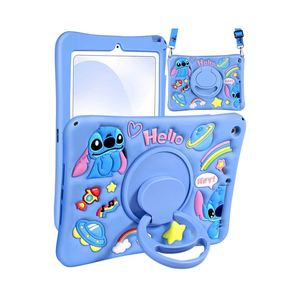 JoySolar for iPad 7th/8th/9th Gen Case - Soft Silicone Cute Cartoon Case with Rotationg Stand & Shoulder Strap, Shockproof Cover for Kids Girls Boys, Blue