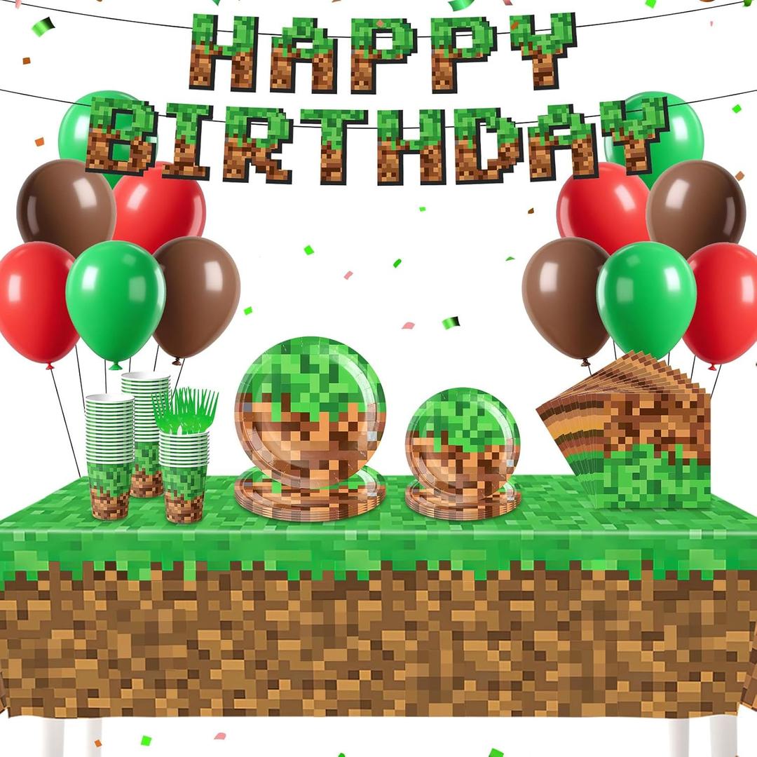 134Pcs Pixel Birthday Party Supplies for Birthday Decorations Serves 24 Guests