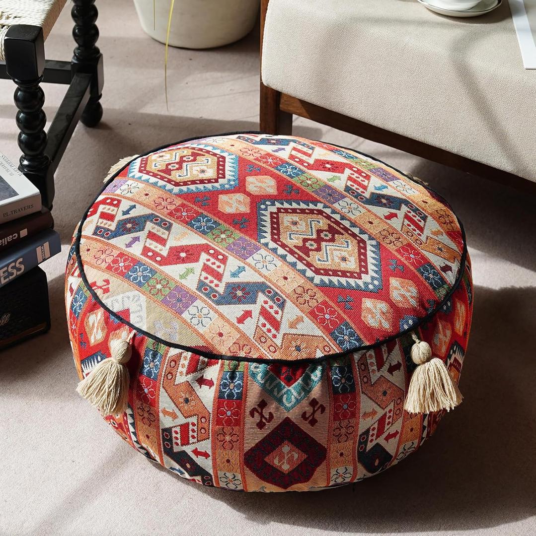 Boho Unstuffed Pouf Cover Ottoman Footrest Indian Mexcian Foot Stool Floor Bean Bag Floor Chair Storage for Living Room Bedroom Decor (Boho Red, Round)