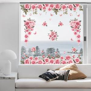 Peacoblue Window Static Clings Stickers Decal 11.8"x35.4",2 Sheets with 24PCS Pink Roses Flowers Vine Decorative Removable Window Sticker Cling Film Home Office Decor for Glass Window Mirror