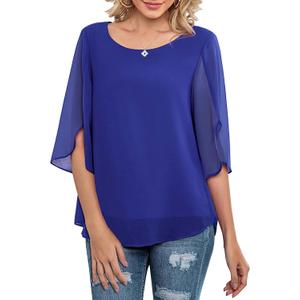 Neineiwu Womens Casual Scoop Neck Loose Top 3/4 Sleeve Chiffon Blouse Shirt Tops (Blue, M)