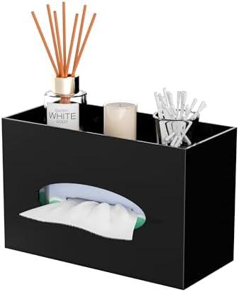 Hongtuocb Black Acrylic Tissue Box Cover Rectangular,Acrylic Tissue Dispenser with Storage Tray for Bathroom Kitchen Home Office (Black, 9.85x4.5x6.3)