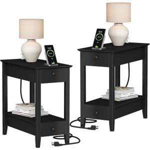 Treocho End Tables Living Room Set of 2, Narrow Side Table with Charging Station, White Sofa Bedside Table for Small Spaces, Living Room, Bedroom (Black)